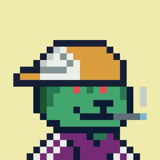 A pixel art illustration of a green-skinned character wearing an orange and white cap, smoking a cigarette against a yellow background.