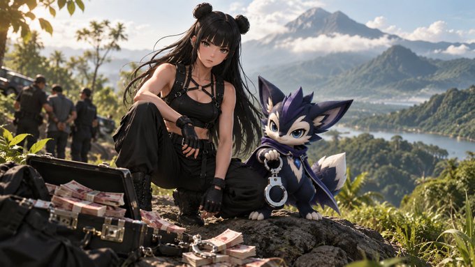 An anime-style digital illustration showing a dark-haired woman with bear ears kneeling on a cliffside next to a handcuffed purple canine creature, with armed men and cases of cash in the background against a tropical landscape.