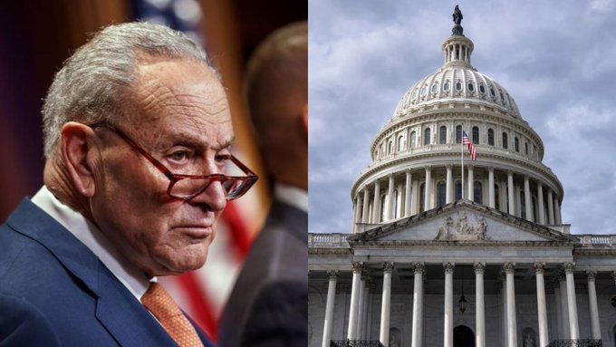 A split image showing an older man in a suit with glasses looking downward on the left, and the dome of the United States Capitol building under a cloudy sky on the right.
