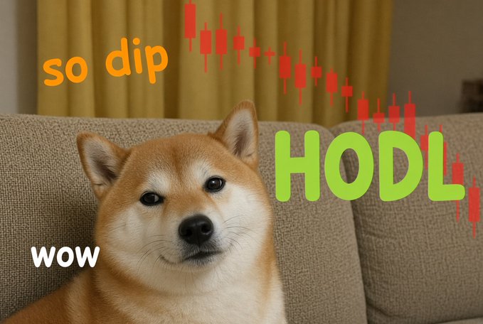 A Shiba Inu dog meme on a couch with text overlays 'so dip', 'wow', and 'HODL' in green, alongside a red candlestick chart showing a downtrend.