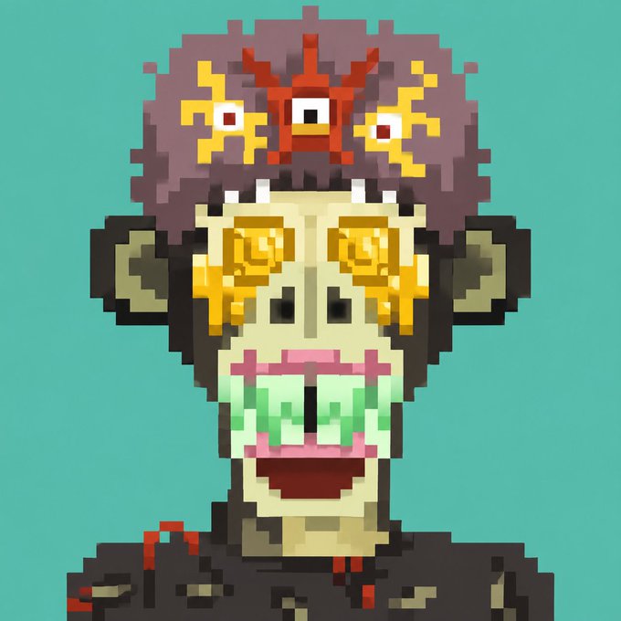 A pixel art image of a monkey-like character with a crown on its head, golden swirling eyes, and an open mouth with a green mustache, set against a teal background.