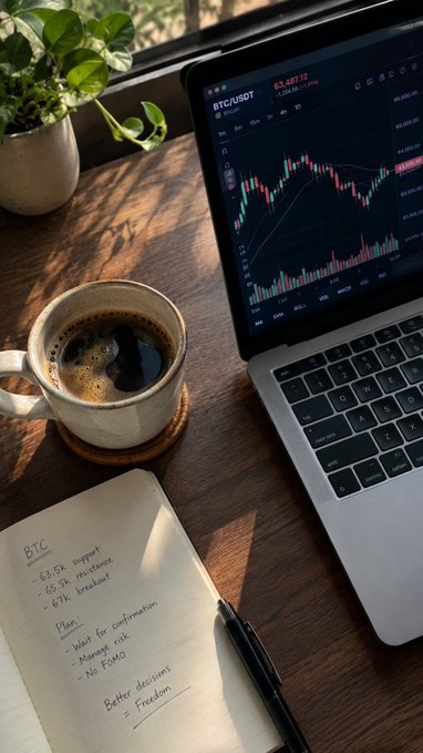 A workspace scene showing a laptop displaying a BTC/USDT trading chart at 63,487.78, a cup of coffee, a plant, and a notebook with handwritten notes on support, resistance, and a trading plan.