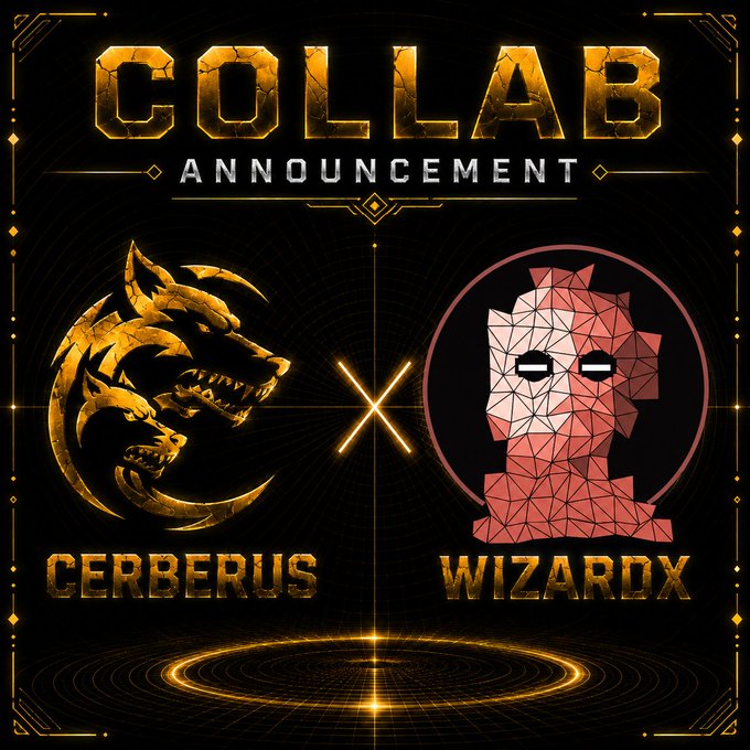 A golden and black promotional graphic announces a "COLLAB ANNOUNCEMENT" featuring the CERBERUS logo (a three-headed dragon) and WIZARDX logo (a red geometric figure), separated by an "X" symbol, which visually represents the partnership mentioned in the post.