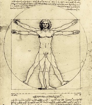 The image shows Leonardo da Vinci's iconic "Vitruvian Man" drawing, depicting a nude male figure inscribed within both a circle and a square, illustrating ideal human body proportions with arms and legs extended in two superimposed positions. The accompanying quote about studying it and finding meaning aligns with the drawing's deeper symbolic representation of the mathematical and philosophical harmony between humanity and the universe, which reveals new insights upon closer examination.