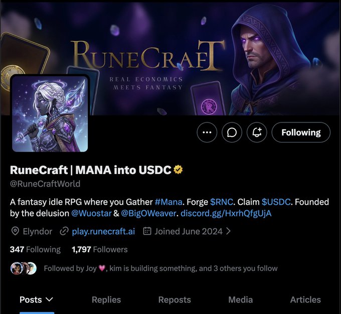 A Twitter/X profile page for @RuneCraftWorld titled 'RuneCraft | MANA into USDC ☀️', describing itself as 'A fantasy idle RPG where you Gather #Mana, Forge $RNC, Claim $USDC', with links to play.runecraft.ai and discord.gg/HxrhQfgUjA, joined June 2024.