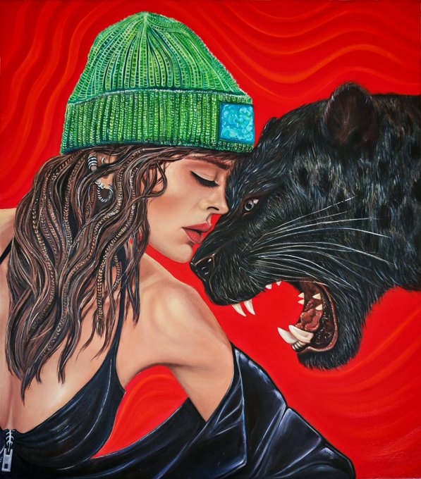 A painting of a woman in a green beanie and black jacket with her eyes closed, touching foreheads with a snarling black panther against a wavy red background.