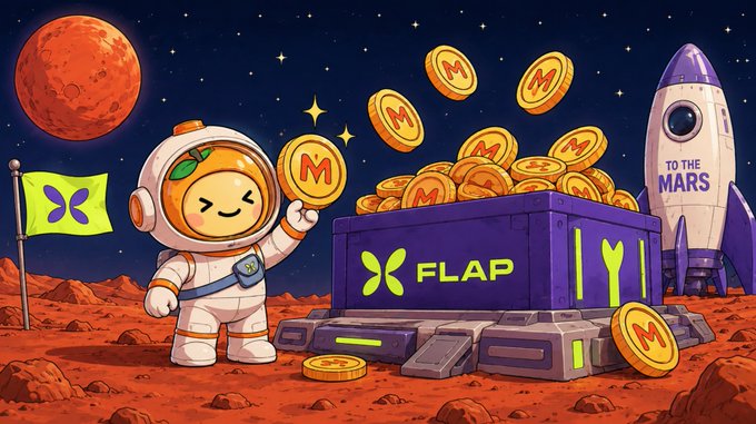 Cartoon-style promotional artwork for 'FLAP' cryptocurrency featuring an astronaut-mascot with a coin face on Mars, standing next to a crate overflowing with 'M'-embossed coins, with a rocket labeled 'TO THE MARS'.