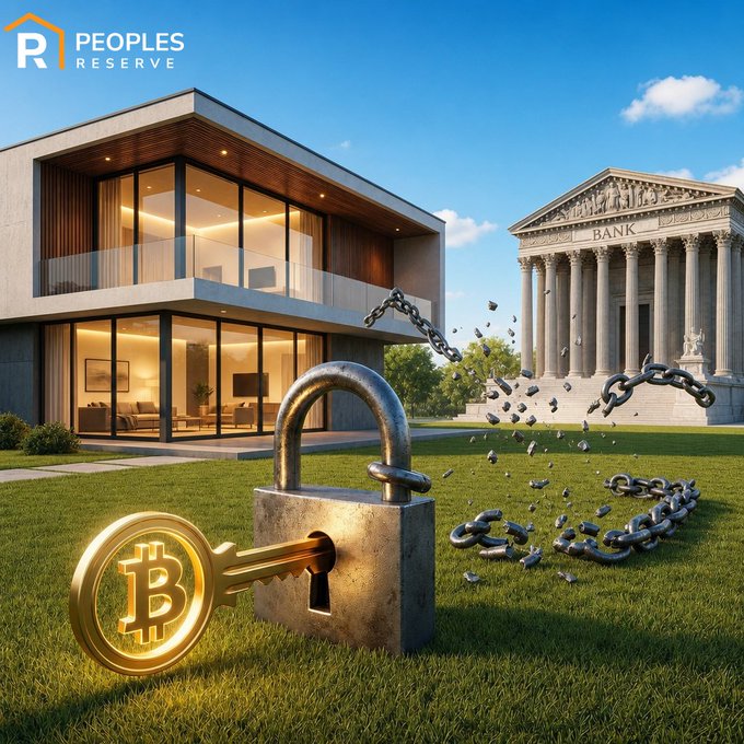 A broken Bitcoin coin key shatters the chains of a traditional bank behind a modern home, symbolizing how SRM's Bitcoin-powered mortgages ($BTC) break free from conventional 30-year debt, offering 1:1 ownership with 5-8% APR.