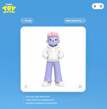 Toy Factory mobile app showing a 3D preview of a designer toy figurine with pink hair, a white hoodie, and purple pants, with notes like "Full-color, high-detail finish" and "Hand-pocked in a designer box."
