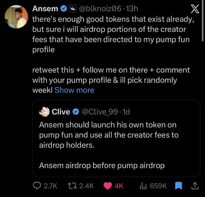 A tweet from Ansem (@blknoiz06) discussing airdrops from creator fees on his pump fun profile, with engagement metrics showing 2.7K replies, 2.4K retweets, 4K likes, and 659K views.