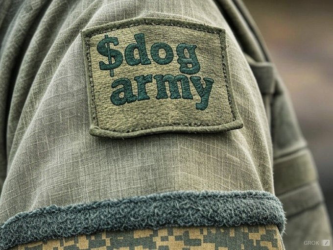 A close-up of a military-style patch on a camouflage backpack reading '$dog army' in green stitched lettering, with a 'GROK' watermark in the corner.