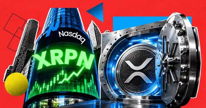 A vibrant collage on a red background showing the Nasdaq building with "XRPN" in green text and an XRP vault, alongside an XRP coin emblem.