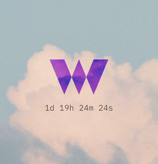 A purple "W" logo (likely Wayback Machine) is centered on a cloud background with a countdown timer reading "1d 19h 24m 24s" below it, suggesting an upcoming reveal or launch event being teased by the post about @ethos_network.