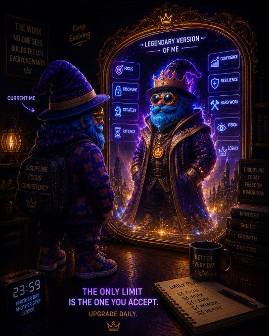 A motivational image showing a gnome looking in a mirror at a 'LEGENDARY VERSION OF ME' adorned with traits like FOCUS, DISCIPLINE, STRATEGY, CONFIDENCE, and RESILIENCE, with text including 'THE ONLY LIMIT IS THE ONE YOU ACCEPT. UPGRADE DAILY.'