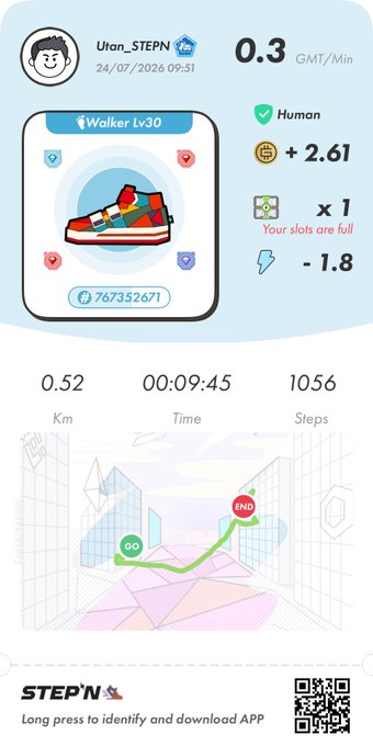 A STEPN app screenshot showing a 'Walker Lv30' sneaker NFT, with user 'Utan_STEPN' earning 0.3 GMT/Min, covering 0.52 Km in 00:09:45 with 1056 steps.