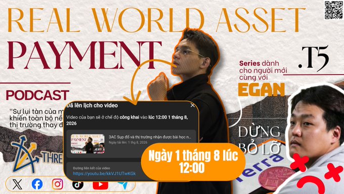 A promotional graphic for a 'REAL WORLD ASSET PAYMENT .T5' podcast series featuring speakers EGAN and DŨNG BỘ LÔ, with an announcement for a video premiere on August 1st at 12:00.