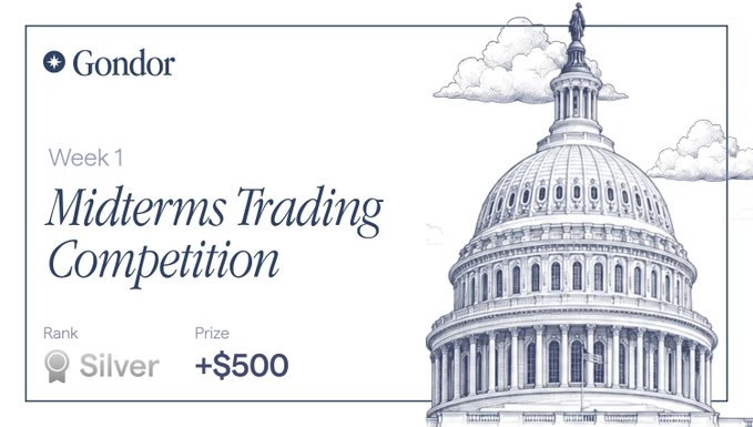 A pale blue and white trading-competition card labeled “Gondor” says “Week 1 Midterms Trading Competition,” with “Rank Silver” and “Prize +$500” beside an illustrated capitol dome.
