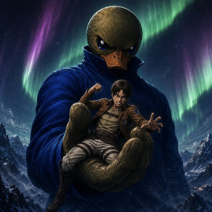 A dramatic fantasy scene shows a giant humanoid duck-like figure in a dark blue cloak holding a struggling man above snowy mountains beneath green and purple auroras.
