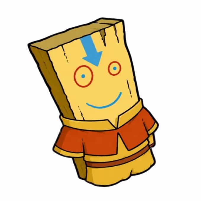 A cartoon illustration of a sentient, wooden rectangular character with a blue arrow on its forehead, wearing a red tunic and yellow pants.