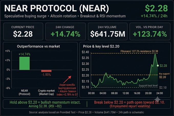 A financial dashboard for NEAR PROTOCOL (NEAR) showing a current price of $2.28, a +14.74% 24h change, and a price chart with annotations including 'Fibonacci 127.2% resistance $2.38' and 'Key support $2.20'.