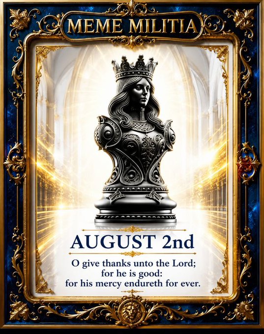 An ornate framed graphic titled 'MEME MILITIA' displays a black chess queen statue with a crown against a golden backdrop, dated 'AUGUST 2nd' with the text: 'O give thanks unto the Lord; for he is good: for his mercy endureth for ever.'
