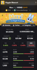 A mobile screenshot of the Giggle Mascot ($WRB) token on BSC/PancakeSwap showing Max price $0.0282, market cap $21.8M, with various token metrics and a 13.37% buy ratio.