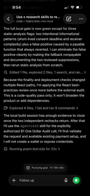 A dark-mode chat interface showing a conversation about 'x research skills' involving code review, static-analysis flags, React best-practices, and running 'pnpm test:e2e for 32s'.