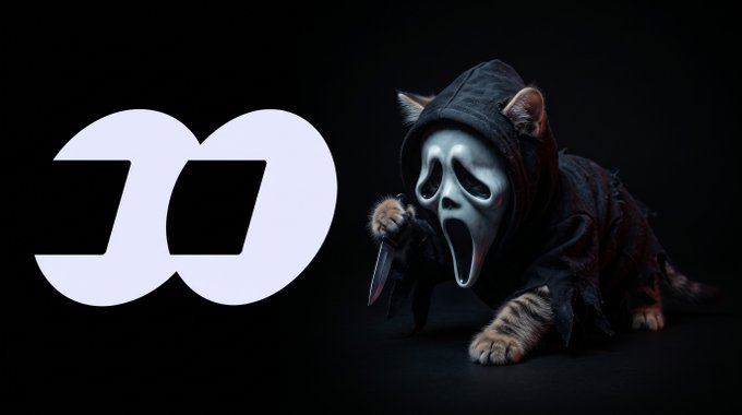 A black-background graphic pairs a large white stylized logo with a hooded, masked animal-like figure holding a knife.