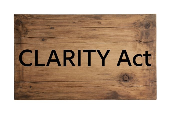 A rustic wooden sign displays the text "CLARITY Act" in bold black lettering, reinforcing the post's message about the proposed legislation aimed at bringing clearer, more structured regulations to the crypto industry. The simple, straightforward design of the sign visually echoes the act's central promise of clarity amid the current regulatory complexity.