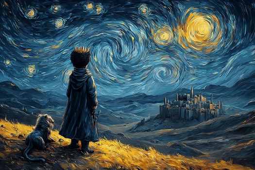 A digital artwork styled after Van Gogh's Starry Night, depicting a crowned figure in a dark cloak standing with a lion, overlooking a glowing castle under a swirling starry sky.