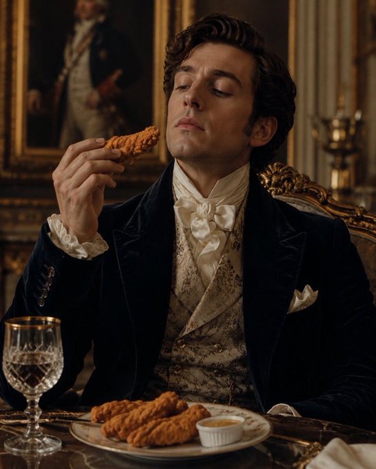 A man in elaborate 18th-century period attire (dark velvet jacket, cream cravat, patterned waistcoat) sitting at a candlelit dining table, savoring a piece of fried chicken with his eyes closed in apparent ecstasy.