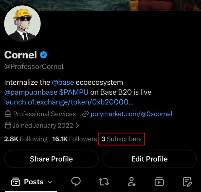 A Twitter/X profile for Cornel (@ProfessorCornel) shows an account with 16.1K followers but only 3 Subscribers (highlighted in red). The post accompanies this by announcing that subscribing within a 12-hour window will grant access to top BASE B20 tokens including $PAMPU, $JERRY, and $BRIAN, with the low subscriber count emphasizing the exclusivity of the offer.