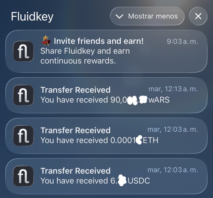 A Fluidkey app notification panel showing three transfers received including wARS, ETH (0.0001), and USDC, plus an invite friends notification.