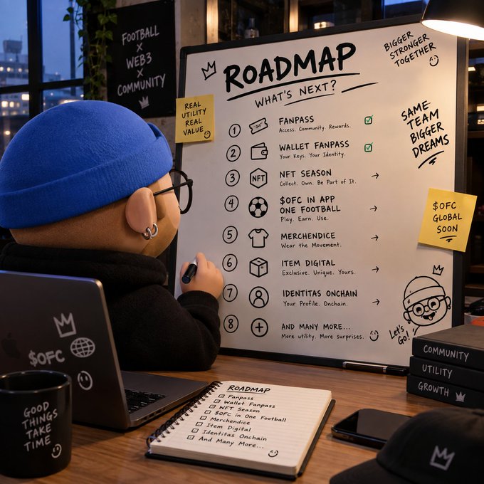 A cartoon character in a blue beanie sits at a desk before a whiteboard labeled 'ROADMAP' detailing plans like 'FANPASS', 'NFT SEASON', and '$OFC IN APP ONE FOOTBALL'.