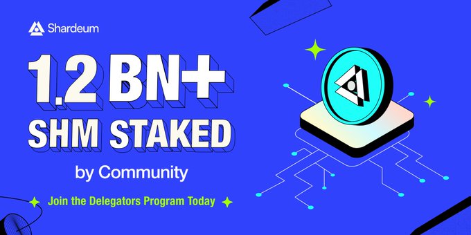 The image depicts an advertisement promoting a cryptocurrency called 1.2Bn+SHM that has been staked using SHM. The ad also highlights the benefits of participating in the DELEGATORS Program, which fosters a stronger, more decentralized network by enabling users to stake their coins. The image includes a blue and green color scheme, and it features a logo for SHM on top of a coin.