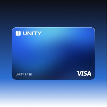 A blue credit card is shown with the logo "UNITY" in the top left, the name "UNITY BASE" at the bottom left, and the "VISA" logo at the bottom right.