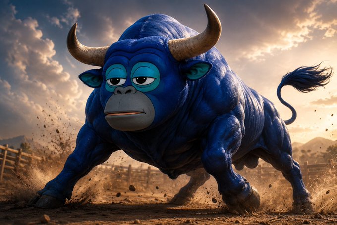A blue, muscular bull with cartoonish eyes and horns charges forward in a dusty field, kicking up dirt.