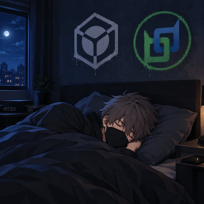 An anime-style illustration of a dark-haired character sleeping in bed at night, wearing a black face mask, with two graffiti-style logos on the wall behind them and a 'WEB3' book on the nightstand.