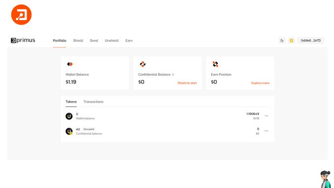 A screenshot of a cryptocurrency wallet interface labeled 'primus', showing a 'Wallet Balance' of $1.19 and an address '0x0e8...2e70'.