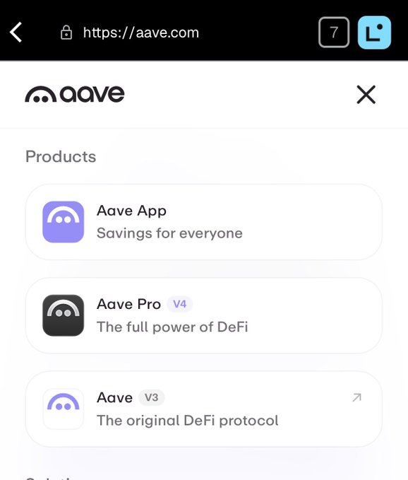 A mobile screenshot of aave.com displays product options including 'Aave App - Savings for everyone', 'Aave Pro V4 - The full power of DeFi', and 'Aave V3 - The original DeFi protocol.'