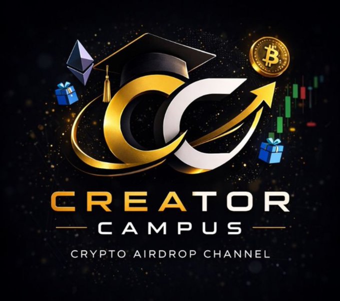 Logo for 'Creator Campus - Crypto Airdrop Channel' featuring a graduation cap over gold and silver 'CC' letters, surrounded by cryptocurrency symbols including Ethereum and Bitcoin, gift boxes, and an upward trending chart.