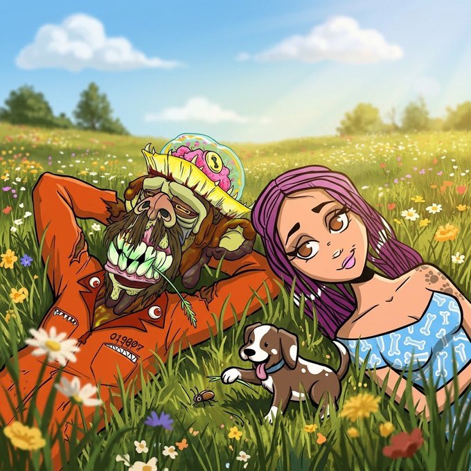 A colorful cartoon illustration depicts a scruffy bearded man in an orange jumpsuit and a woman with purple hair lying in a flower-filled field alongside a small brown and white puppy.