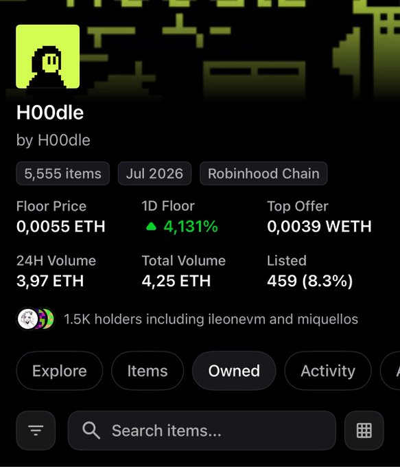 An NFT collection page for 'HOOdle by HO0dle' on the Robinhood Chain, showing 5,555 items with a floor price of 0.0055 ETH and a 4,131% 1D floor increase.