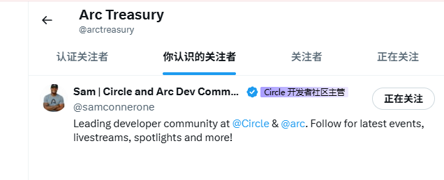 A Twitter/X profile screenshot of 'Arc Treasury' (@arctreasury) showing a mutual follower, Sam from Circle and Arc Dev Community (@samconnerone), who is the 'Circle 开发者社区主管' (Circle Developer Community Lead).