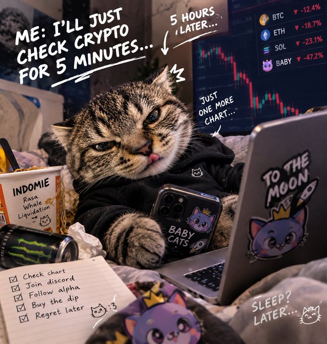 A humorous illustration of a cat dressed in a hoodie looking tired while staring at cryptocurrency charts on a laptop, with text mocking crypto addiction: 'ME: I'LL JUST CHECK CRYPTO FOR 5 MINUTES...' '5 HOURS LATER...' 'JUST ONE MORE CHART...' 'SLEEP? LATER...', showing losses for BTC (-12.4%), ETH (-18.7%), SOL (-23.1%), and BABY (-47.2%), alongside an Indomie noodle cup, Monster can, and checklist items like 'Check chart', 'Join discord', 'Follow alpha', 'Buy the dip', 'Regret later'.