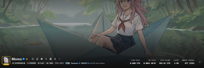 A Twitter/X header banner featuring anime artwork of a pink-haired girl sitting in a paper boat on water, with the profile 'Momo' (@20M029163) and crypto-related metrics showing 0.000 ETH, 0.0045 WETH, and 284.41 ETH top 24h.