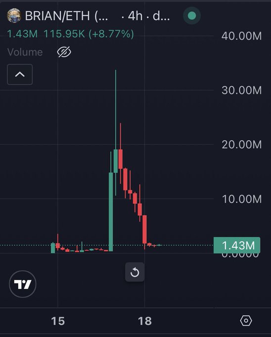 A 4-hour candlestick chart shows BRIAN/ETH surging to a ~33M volume spike around the 17th before crashing back down to 1.43M (-8.77%), visually capturing the brief, vertical pump-and-dump of the memecoin that the post is mocking as the entirety of the "base memecoin bull run."