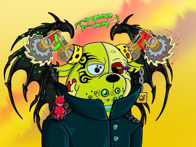 A cartoon green-skinned character with zombie-like features, bat wings, and chainsaw attachments on its back wears a dark coat, with a small red devil perched on its shoulder.