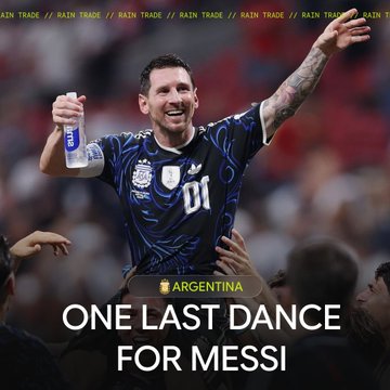 Lionel Messi, wearing Argentina's number 10 jersey, smiles and raises his arm while holding a water bottle, with the caption "ONE LAST DANCE FOR MESSI" below the "ARGENTINA" label—visually framing the post's question of whether this World Cup semifinal will be his farewell or Spain's Lamine Yamal-era coronation, priced at 42% Spain vs. 26.5% Argentina.