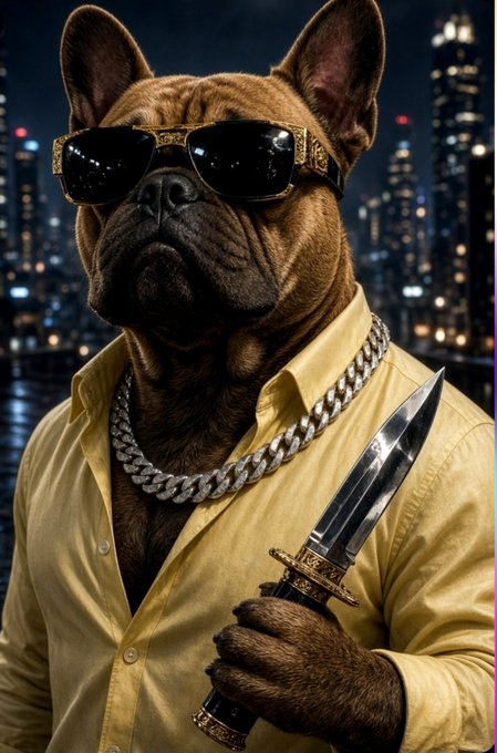 A stylized AI-generated image of a French Bulldog wearing sunglasses, a gold chain, and a yellow shirt, holding a knife against a nighttime city skyline.